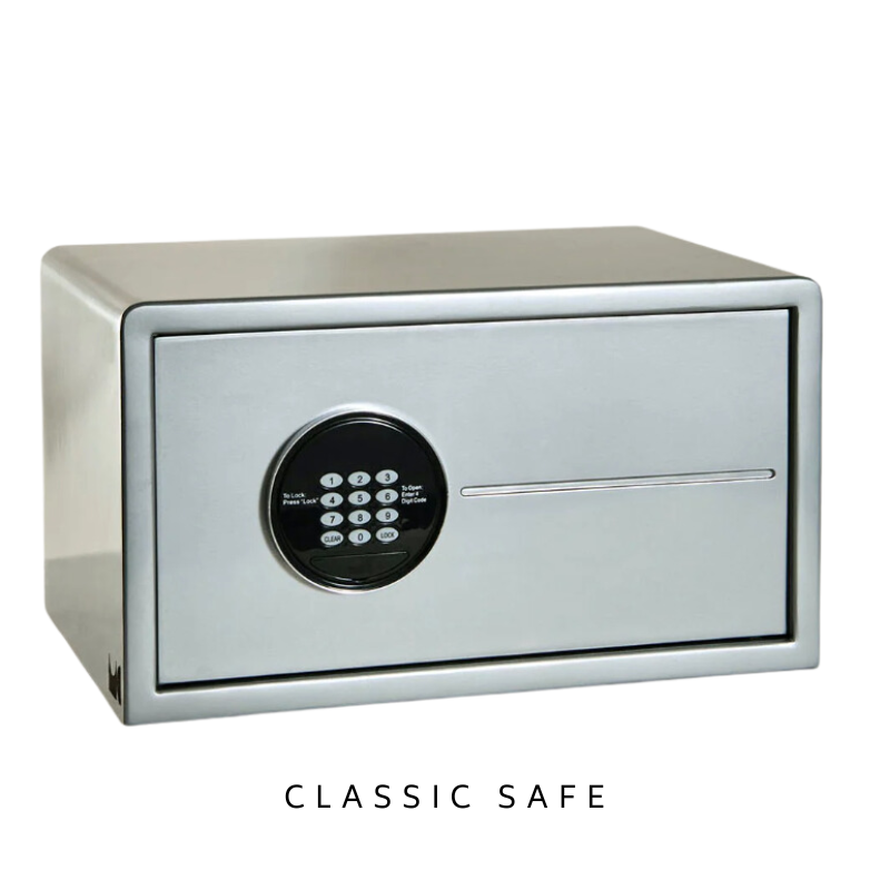 Silver digital security safe with keypad lock on the front, labeled “Classic Safe”