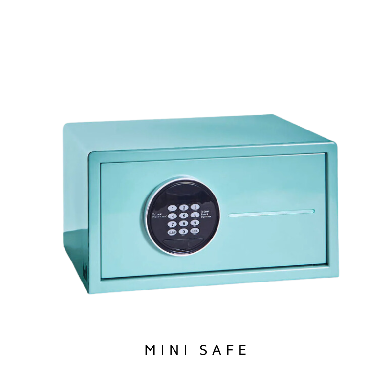 Turquoise mini safe with keypad lock on white background