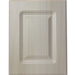 A beige cabinet door panel with a raised rectangular center and wood-grain finish