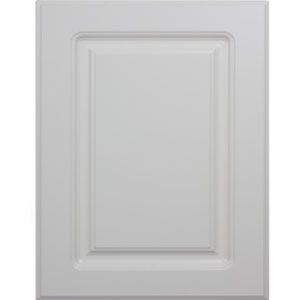 White recessed cabinet door panel with raised rectangular molding