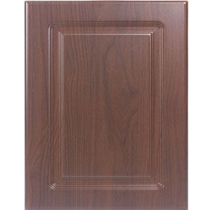 Wood-grain brown cabinet door panel with raised rectangular inset detailing