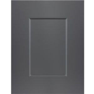 Gray raised-panel cabinet door with a simple rectangular inset design