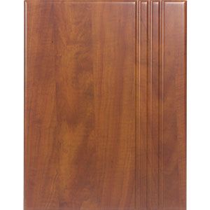 Wooden cabinet door with a warm brown finish and vertical panel detailing.