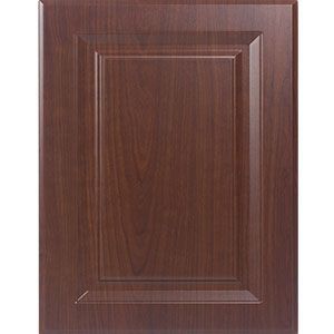 Brown wooden cabinet door with raised panel design