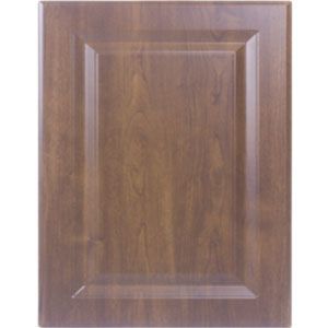 Brown wooden cabinet door with raised panel design