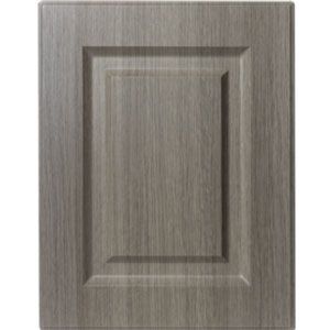 Close-up of a brushed metal cabinet door with a recessed rectangular panel.