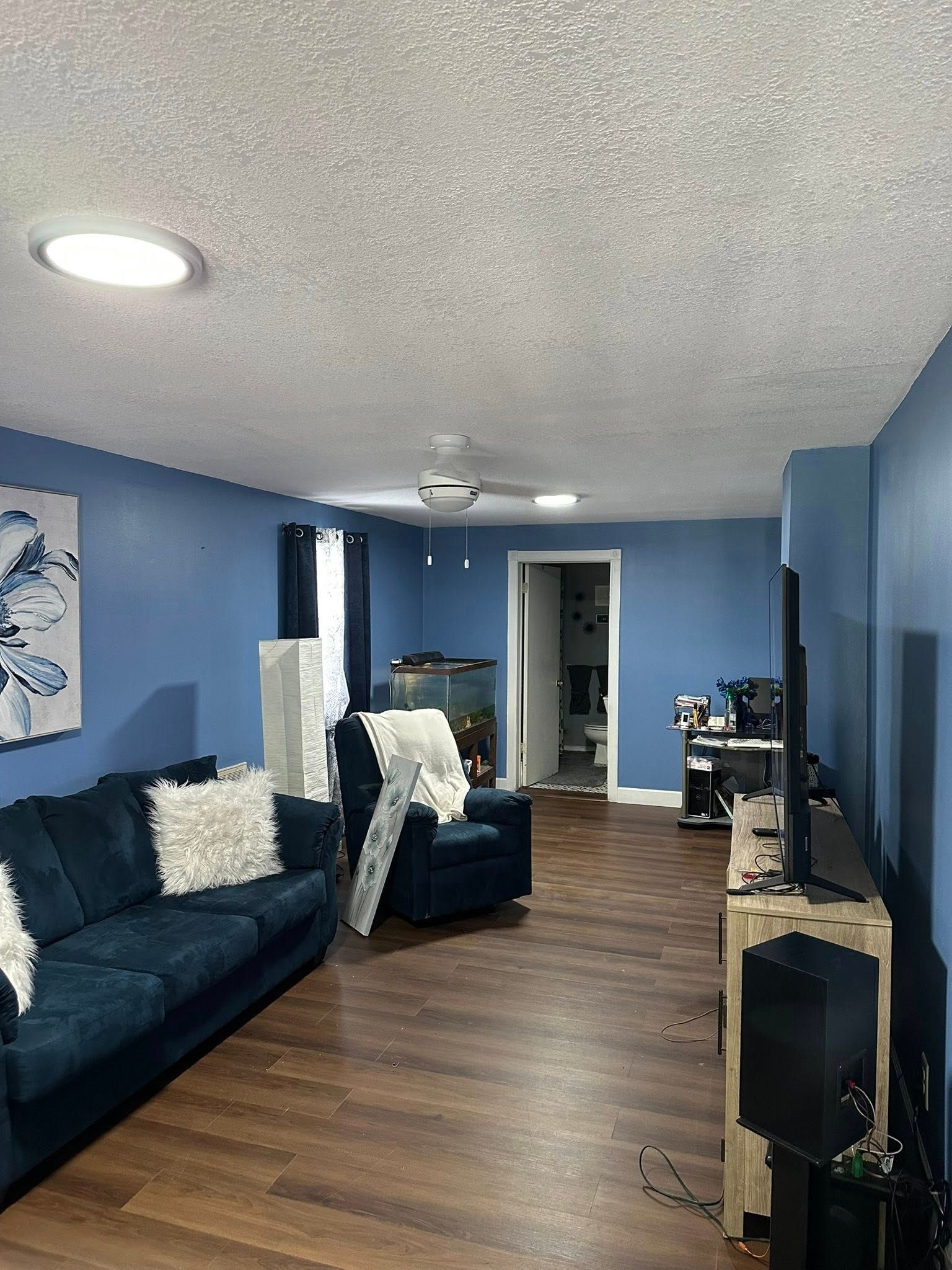 Blue living room with dark sofa, wood floor, ceiling fan, and doorway to a hallway