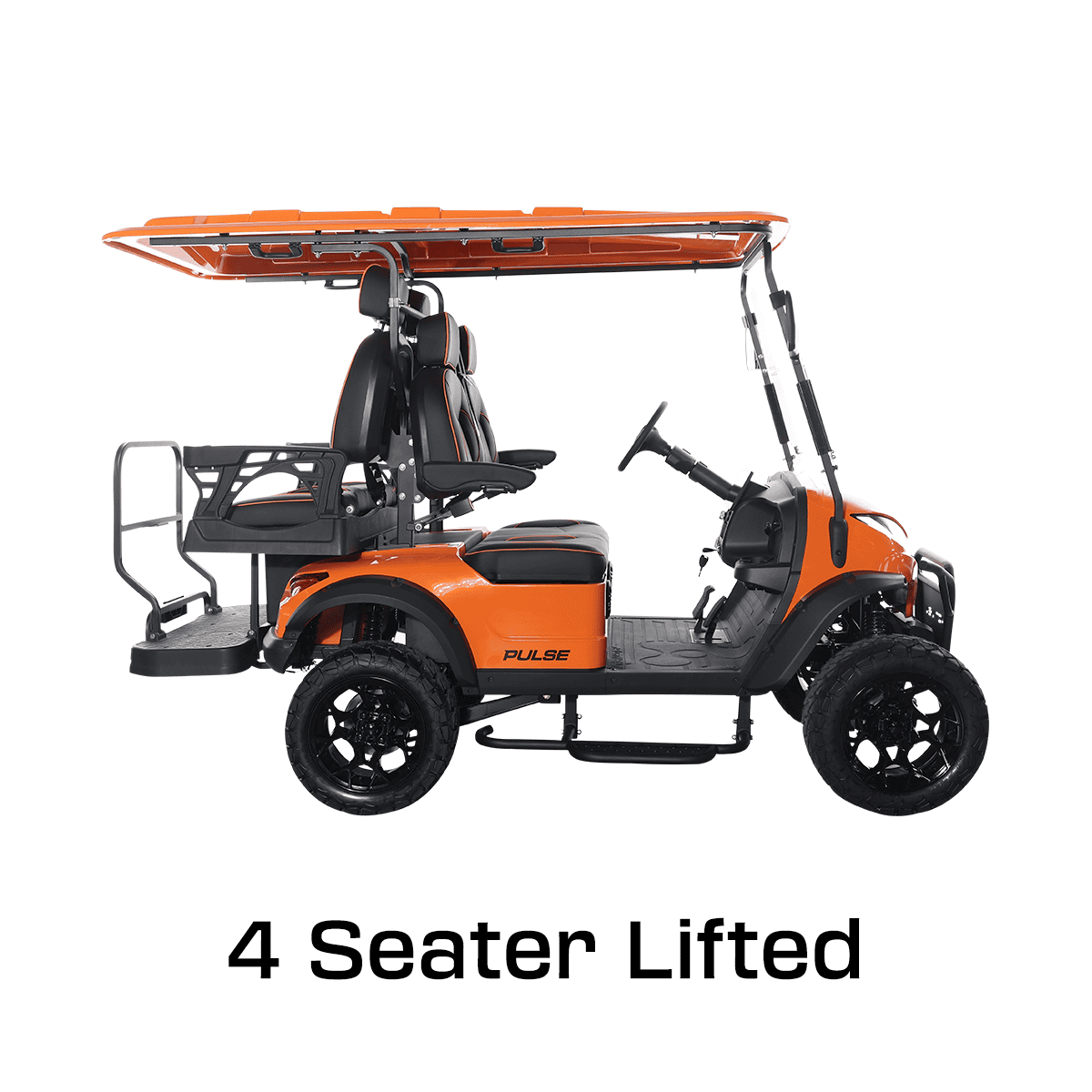 A golf cart with four seats and a canopy.