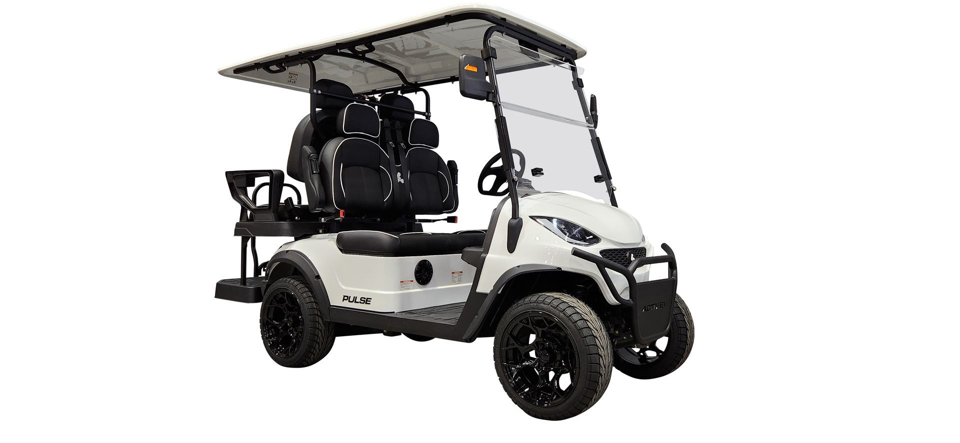 A white golf cart with black seats and a canopy on a white background.