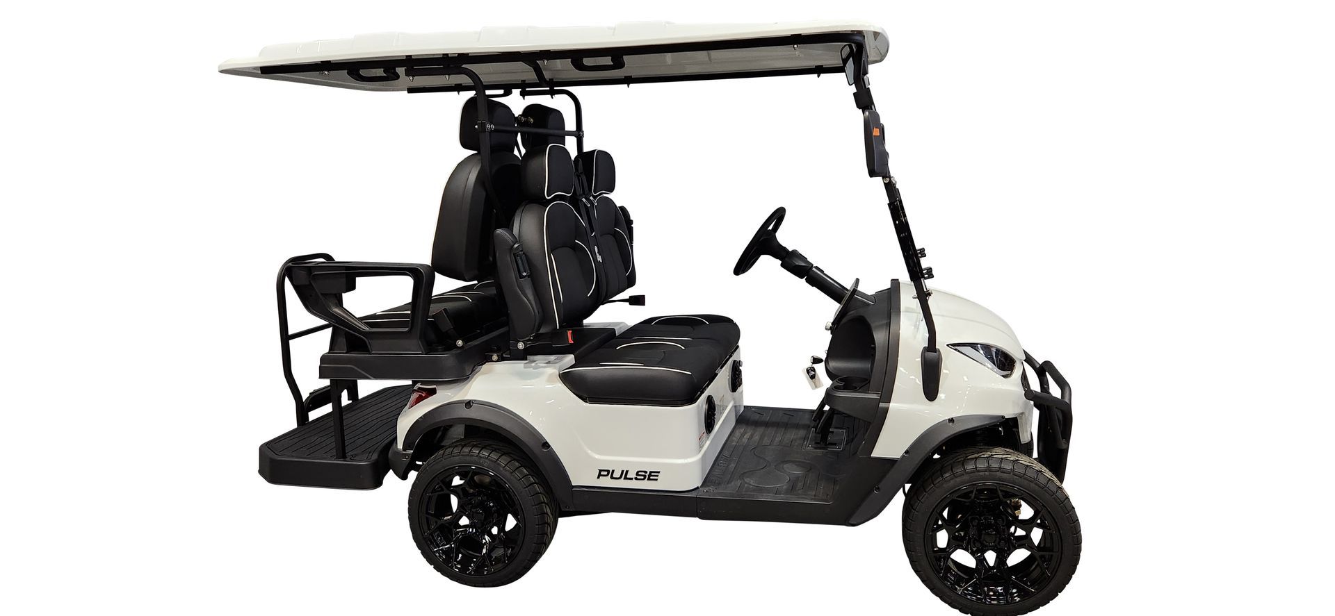 A white golf cart with black seats and a canopy on a white background.