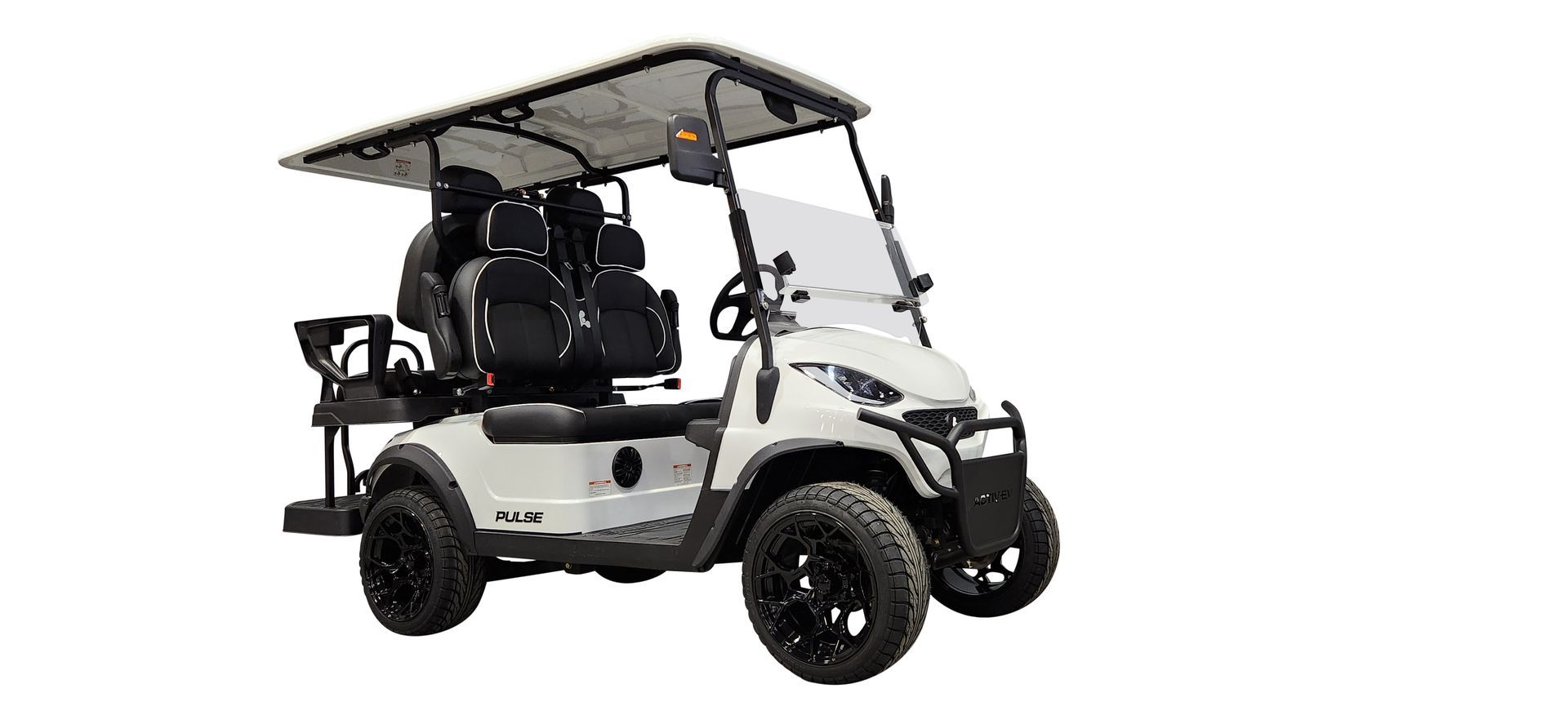 A white golf cart with black seats and a canopy on a white background.