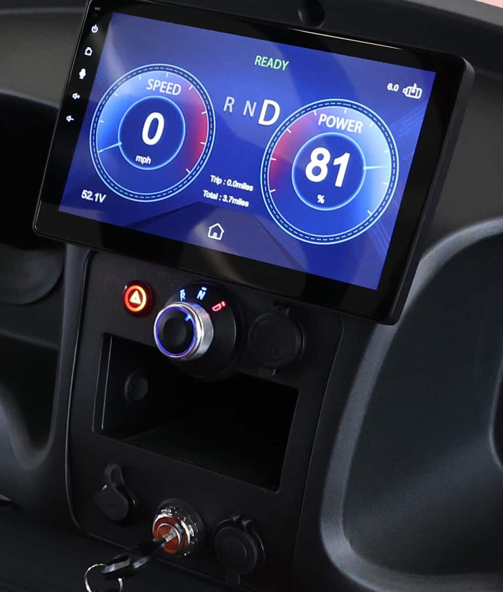 A car dashboard with a screen that says speed and power