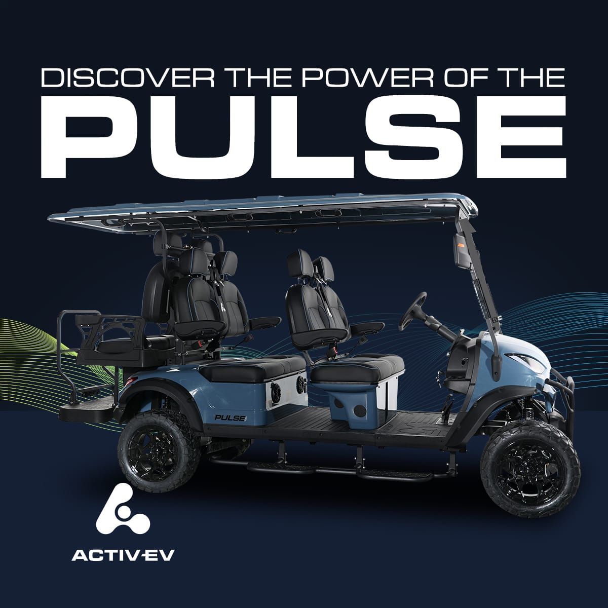 A blue golf cart with the words `` discover the power of the pulse '' written on it.