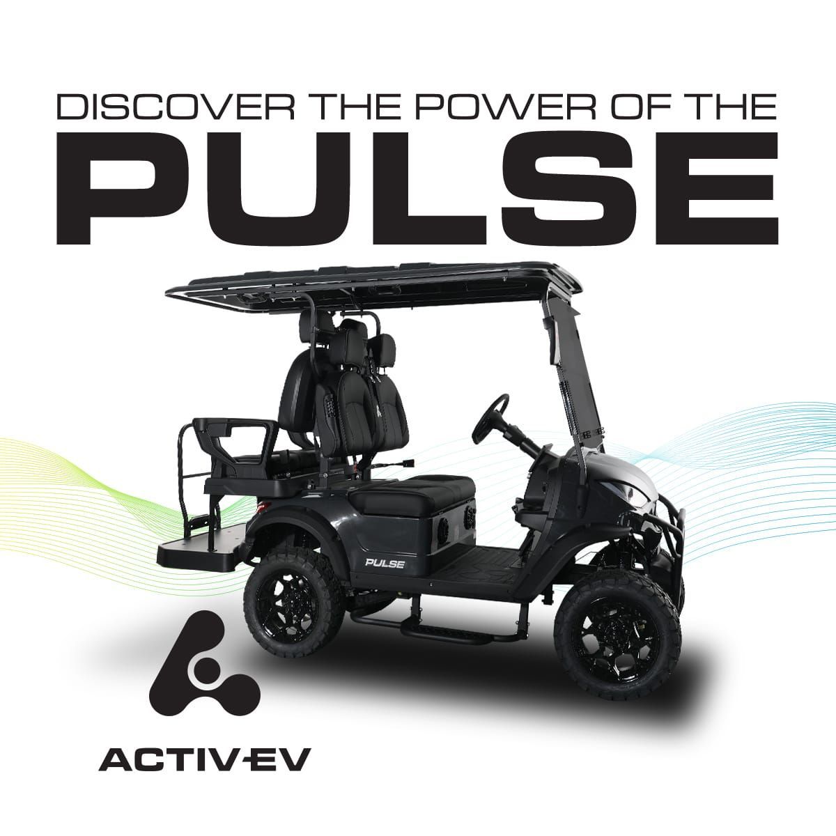 A black golf cart with the words discover the power of the pulse  written on it.