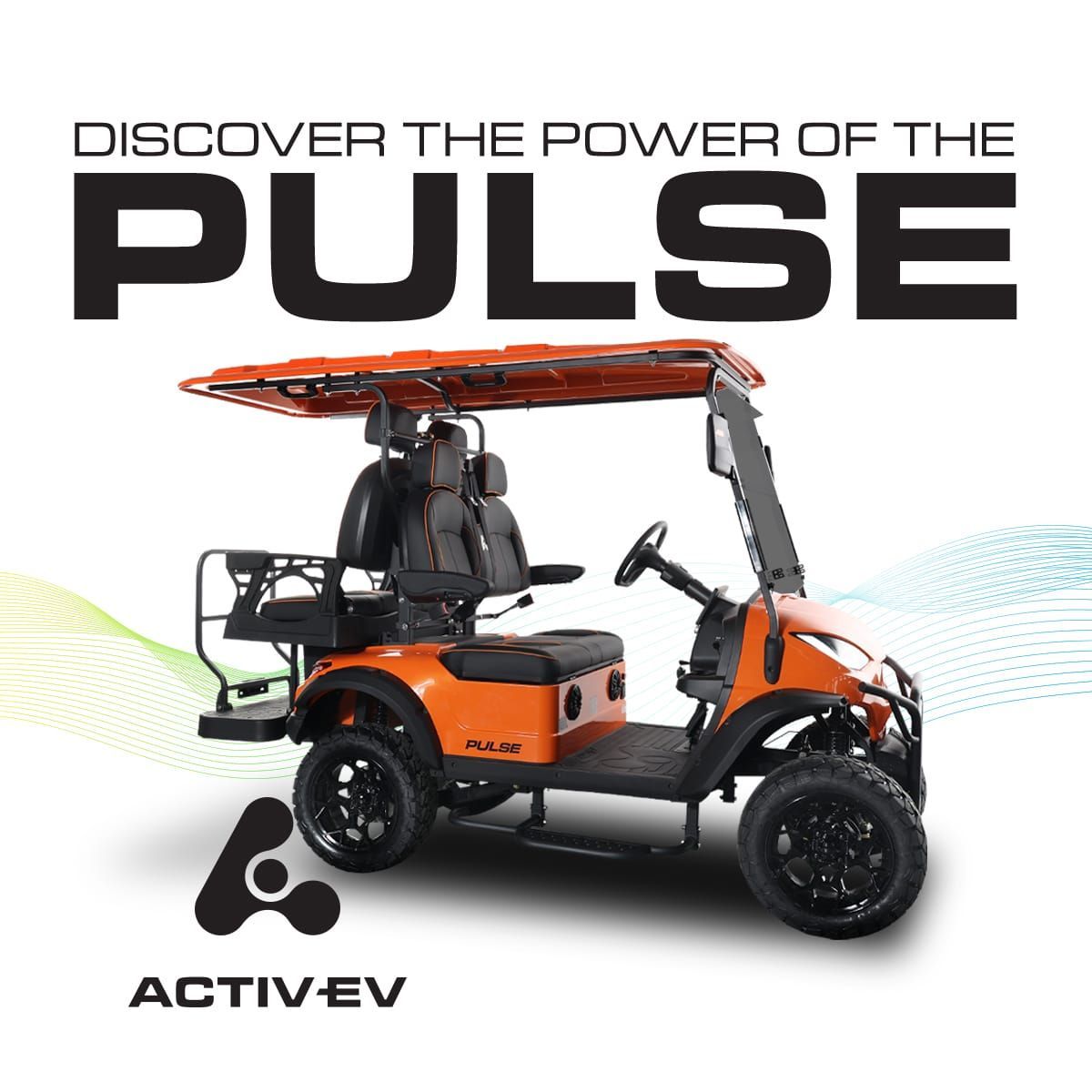 A golf cart with the words discover the power of the pulse above it