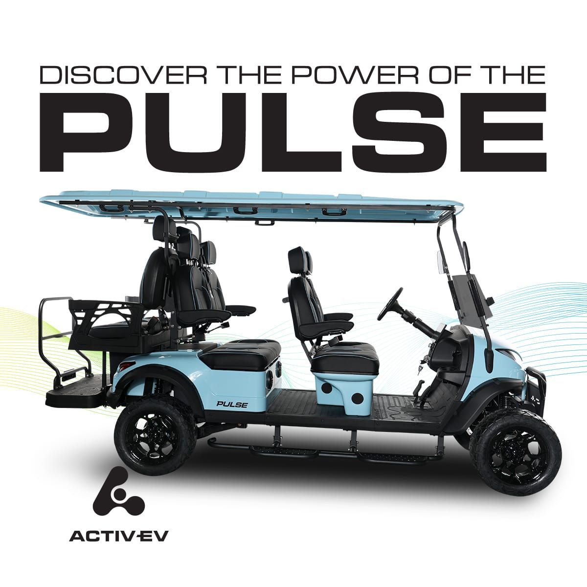 A blue golf cart with the words discover the power of the pulse written on it.