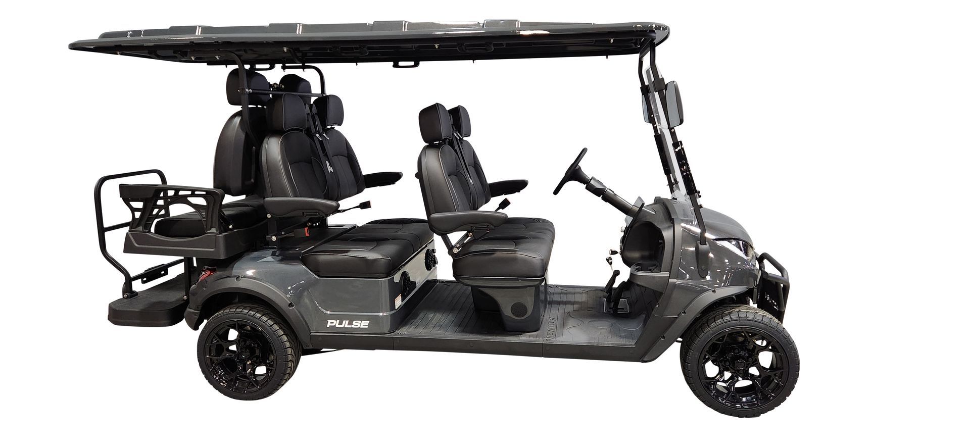 A gray golf cart with four seats and a canopy on a white background.