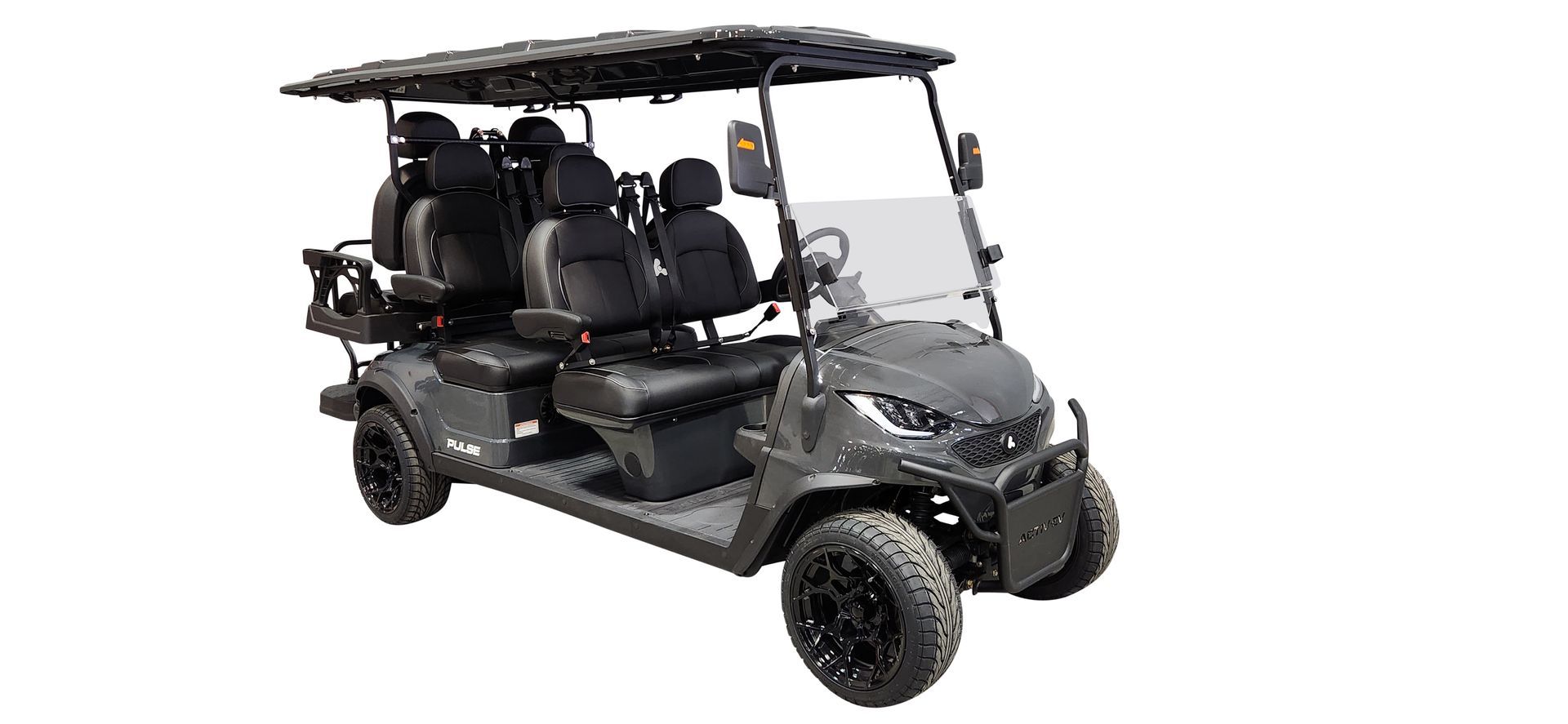 A black golf cart with a canopy on top of it on a white background.