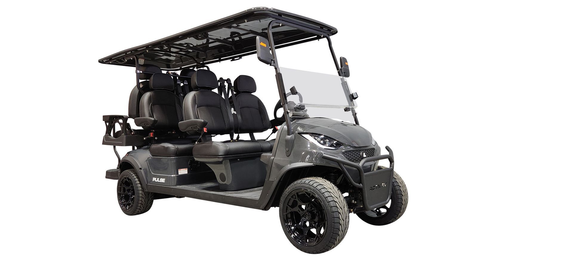 A black golf cart with a canopy on top of it on a white background.