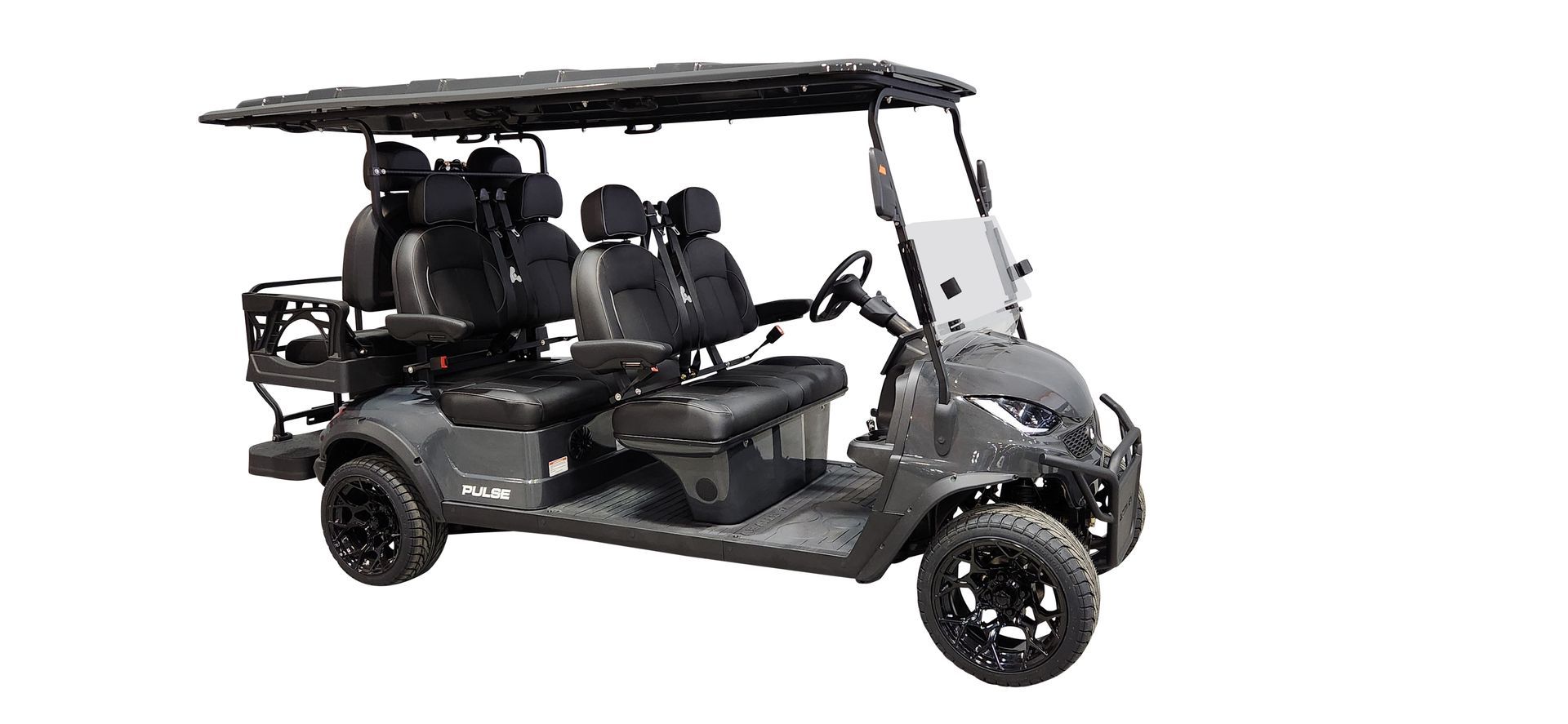 A black golf cart with four seats and a canopy on a white background.