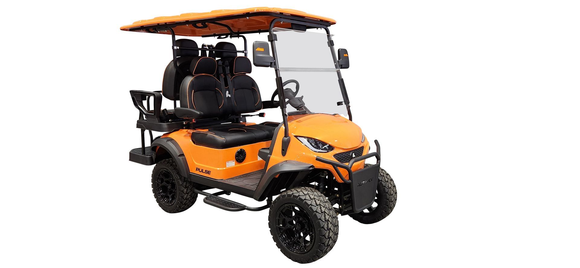 An orange golf cart with a canopy on top of it on a white background.