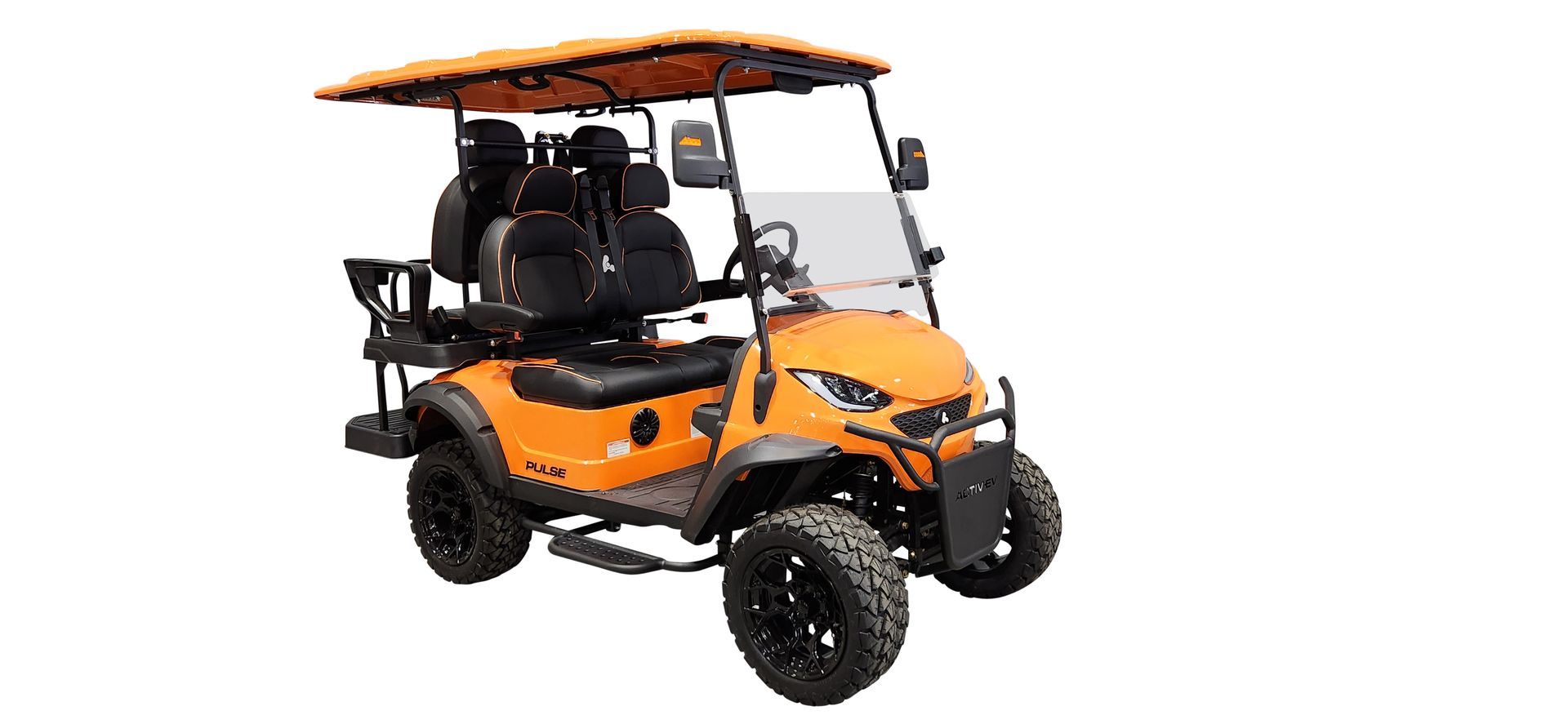 An orange golf cart with a canopy on top of it on a white background.