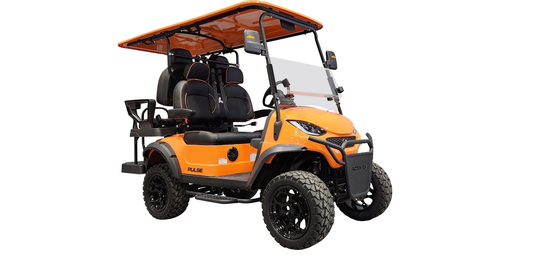 An orange golf cart with a canopy on top of it on a white background.