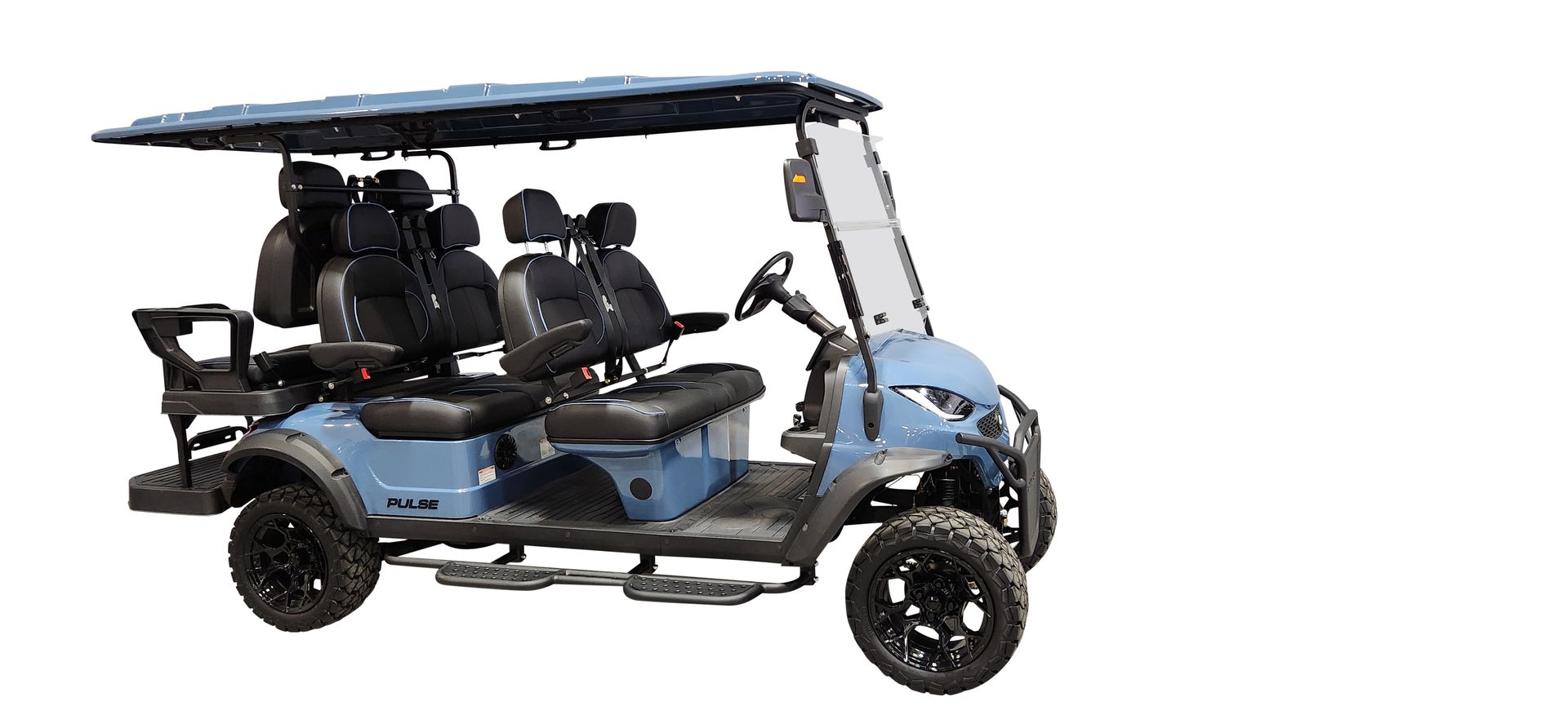 A blue golf cart with four seats and a canopy on a white background.