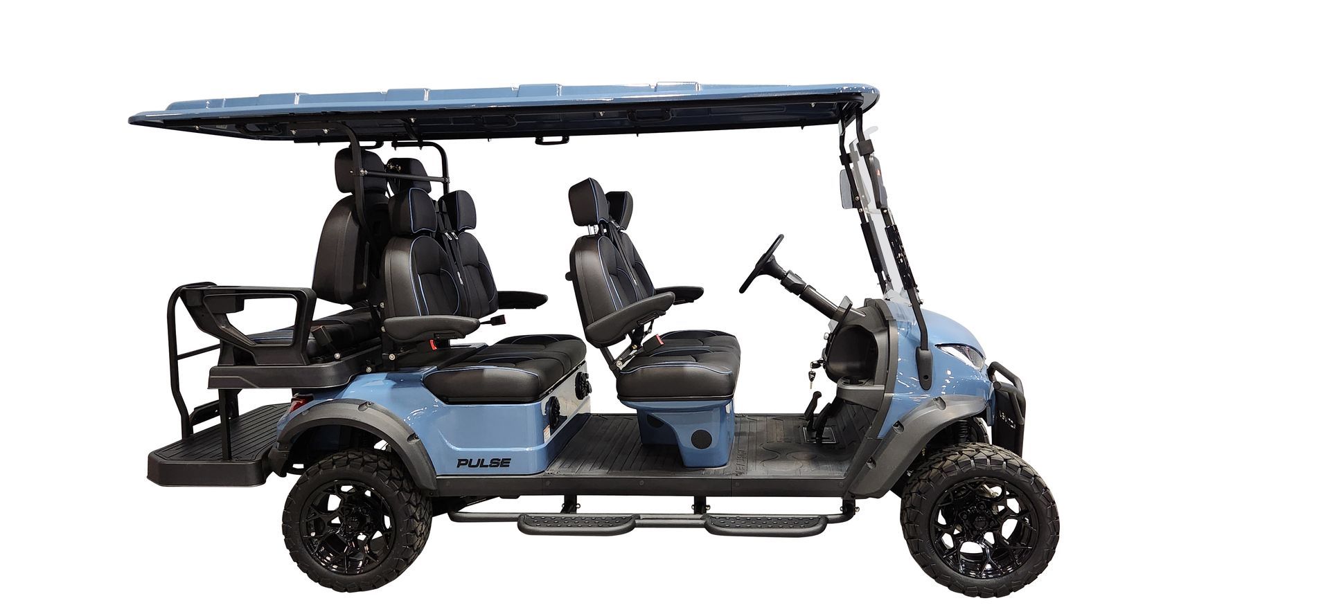 A blue golf cart with black seats and a roof on a white background.