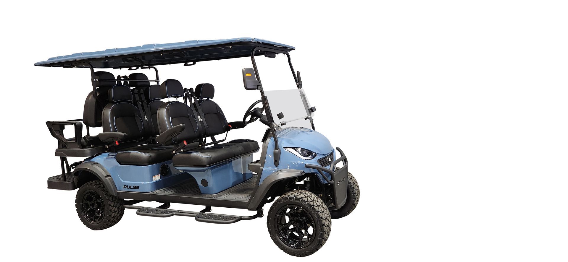 A blue golf cart with a canopy on top of it on a white background.