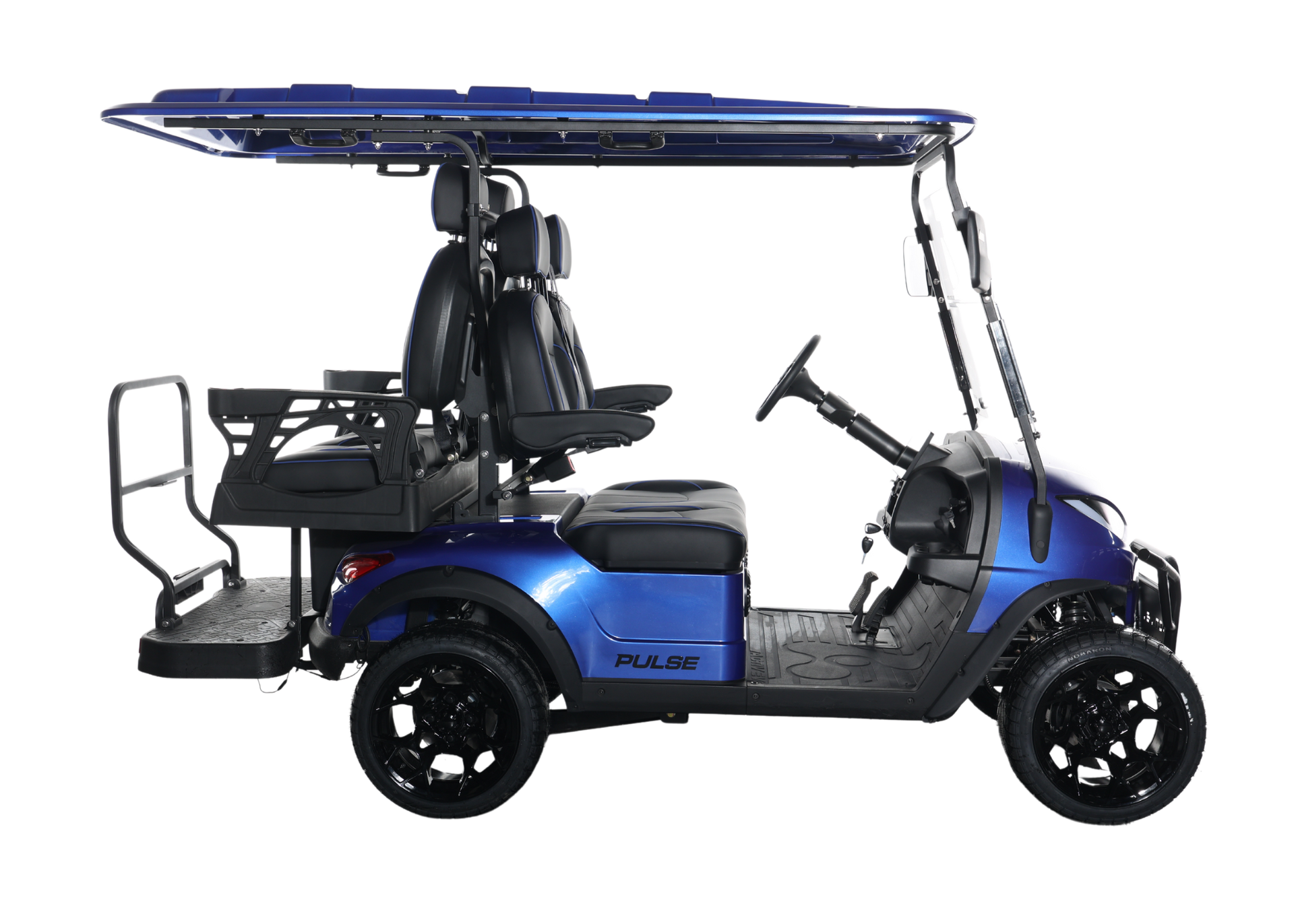 A blue golf cart with a canopy on top of it on a white background.