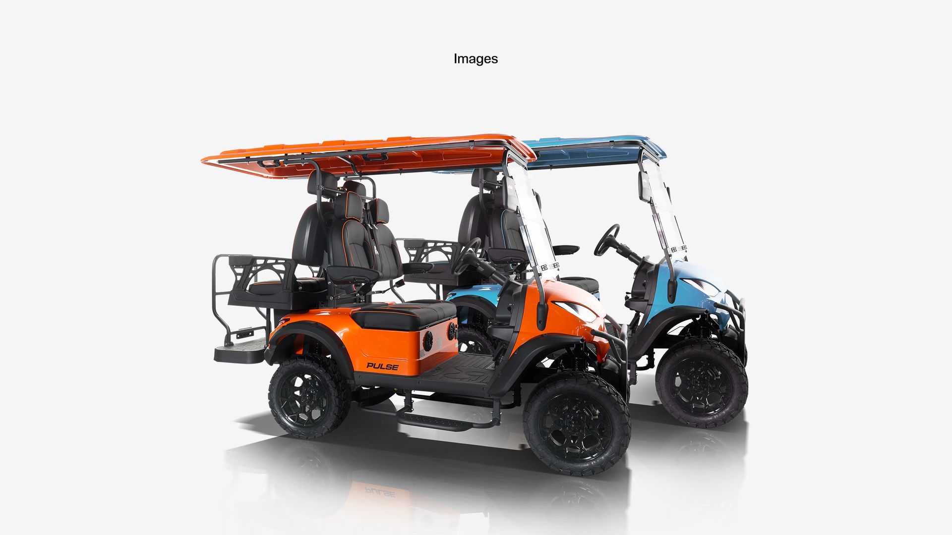 Two golf carts are parked next to each other on a white background.