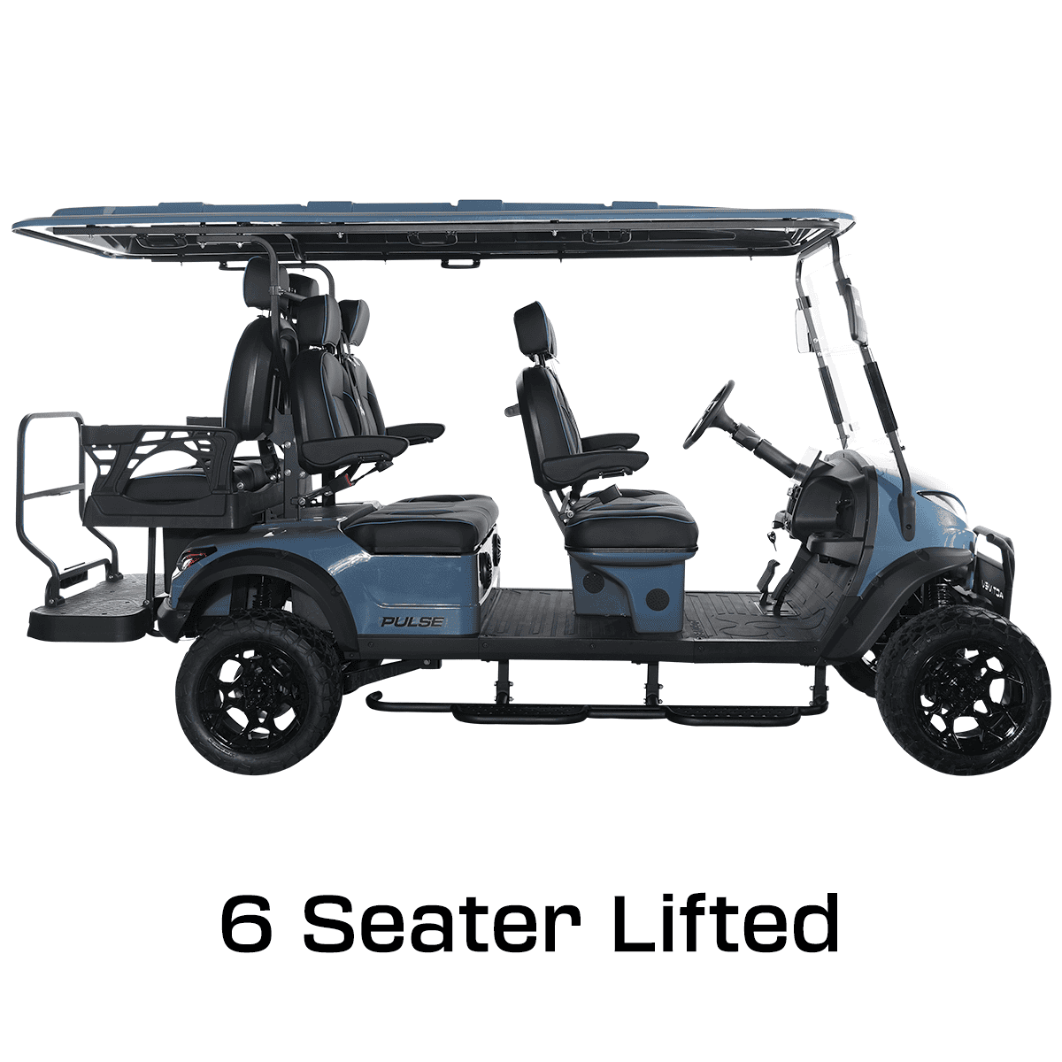 A blue golf cart with six seats and a canopy.