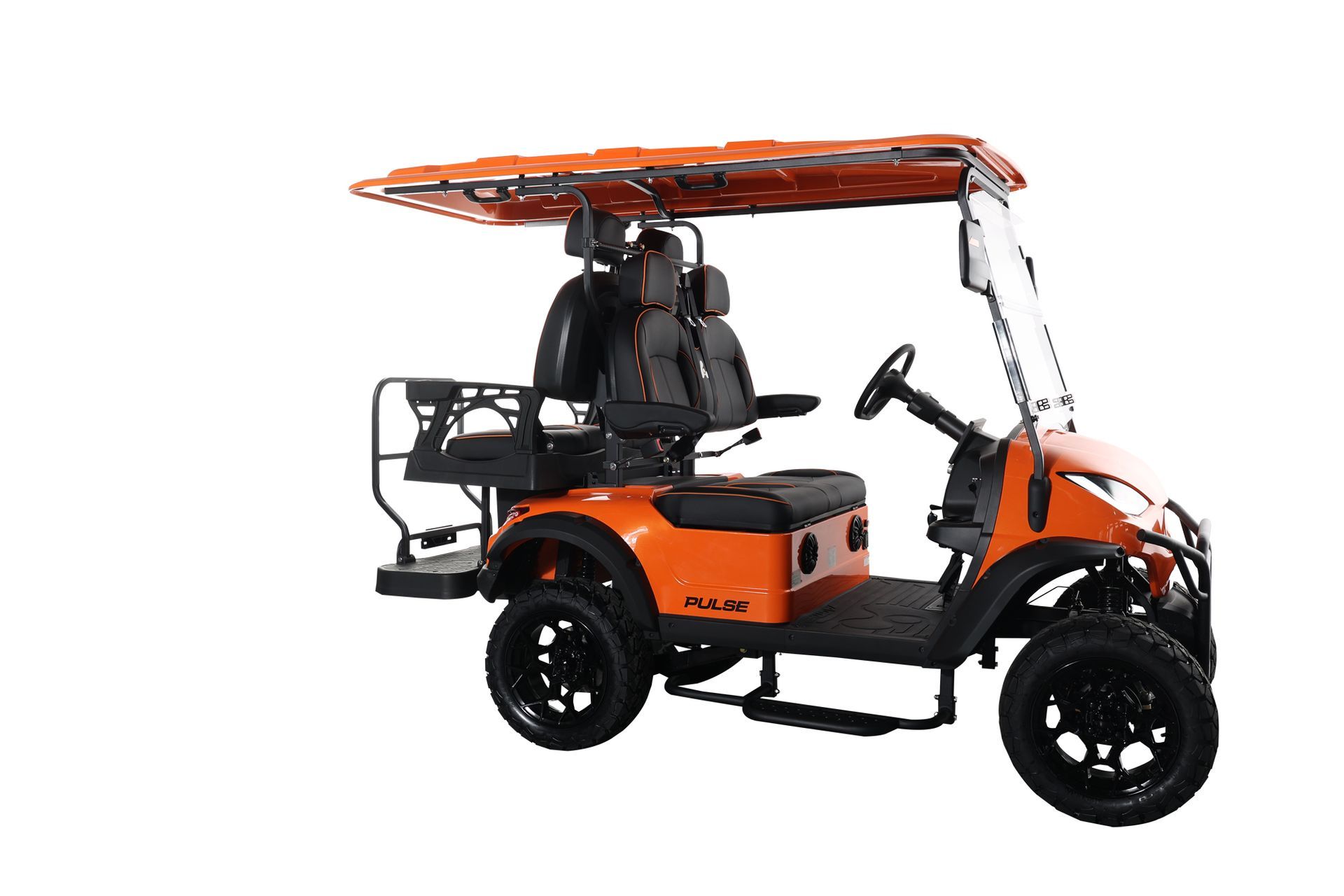 An orange golf cart with a canopy on a white background.