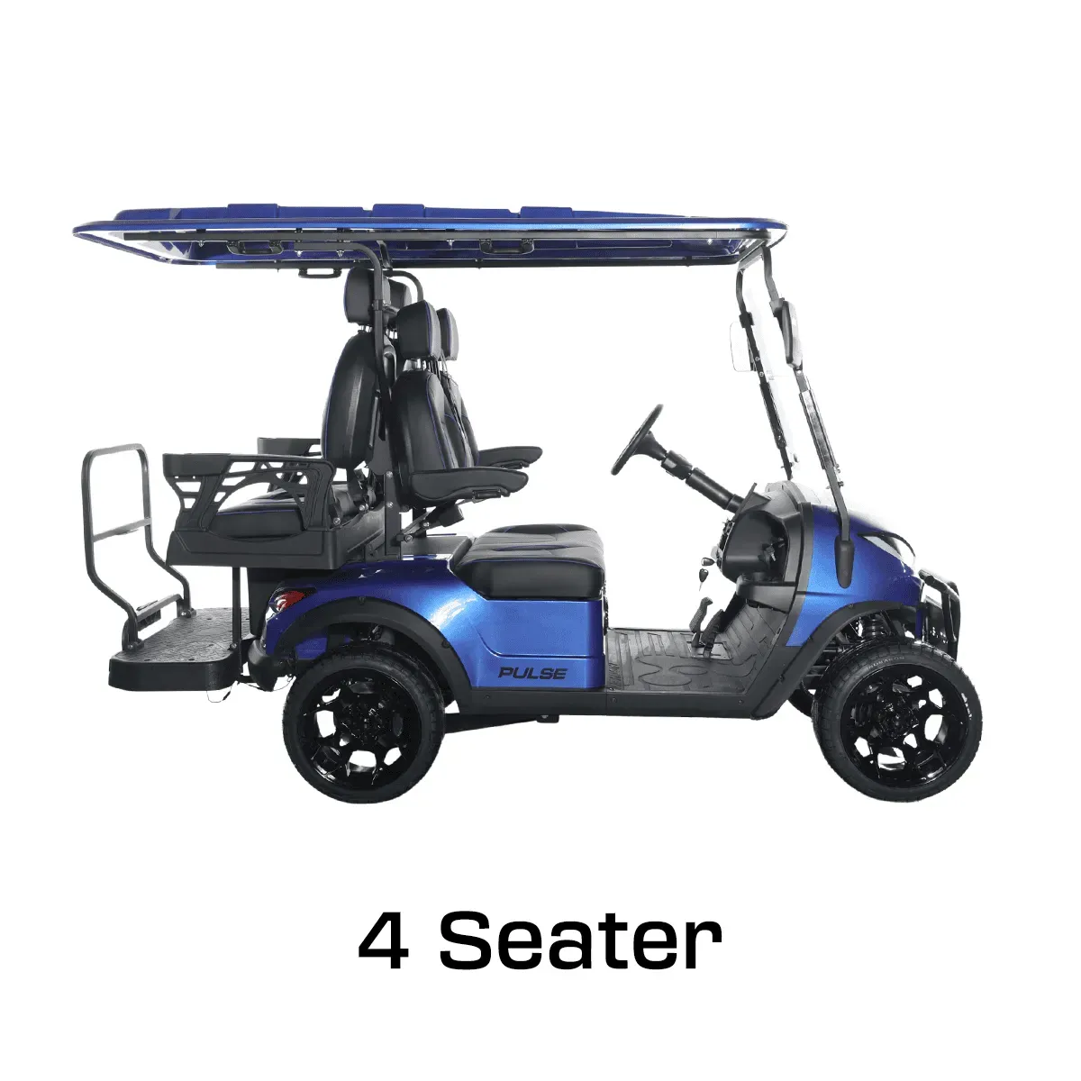 A blue golf cart with four seats and a canopy.
