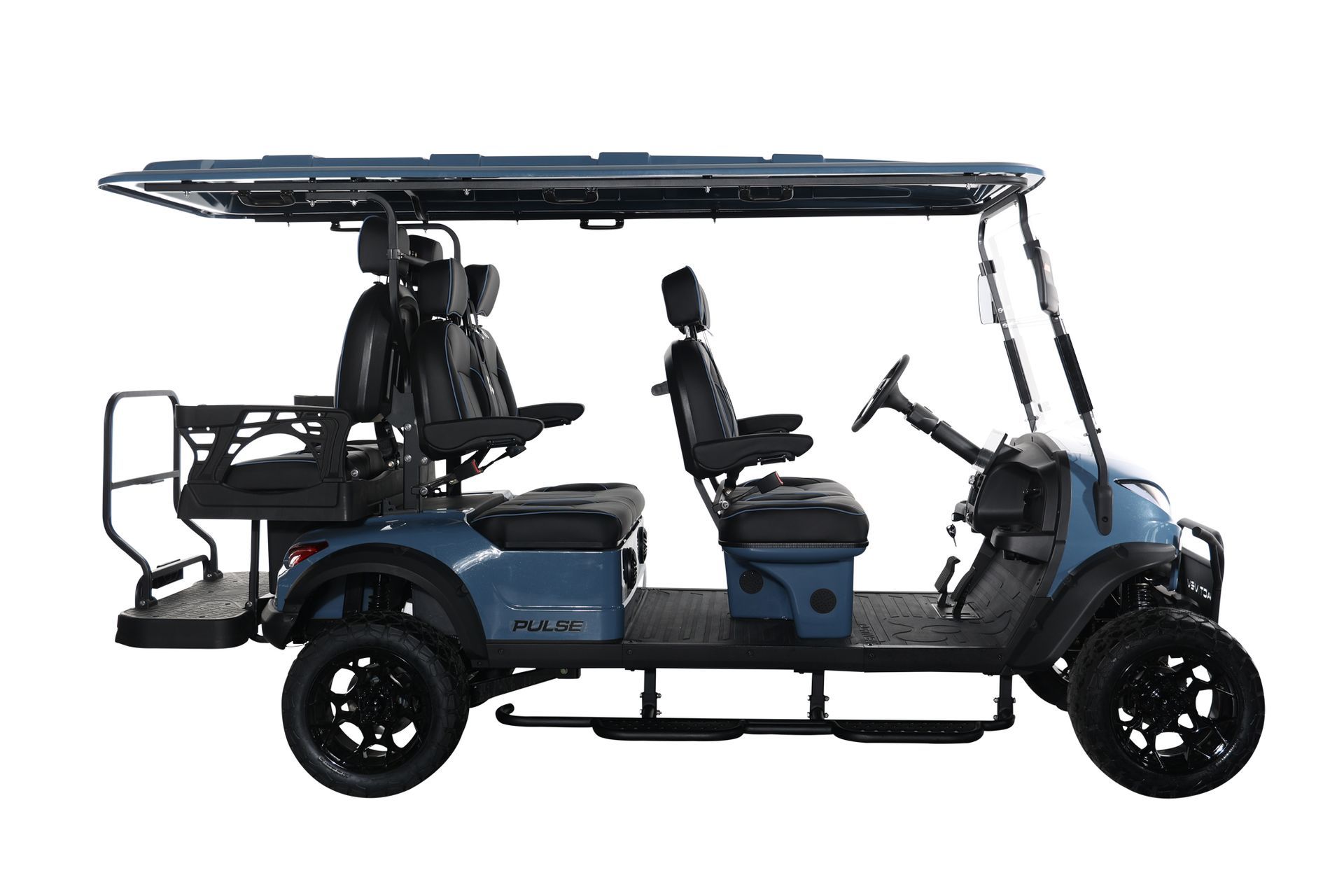 A blue golf cart with four seats and a canopy on a white background.
