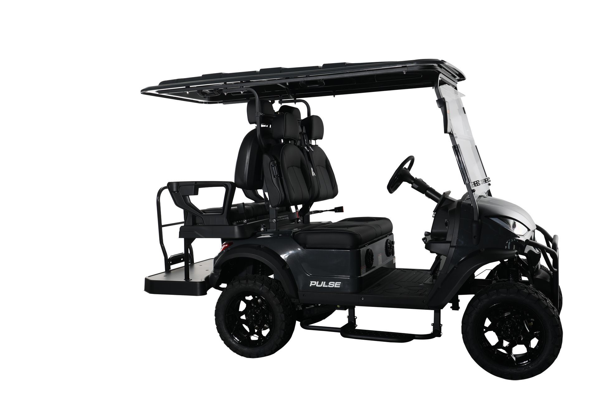 A black golf cart with a canopy on top of it on a white background.
