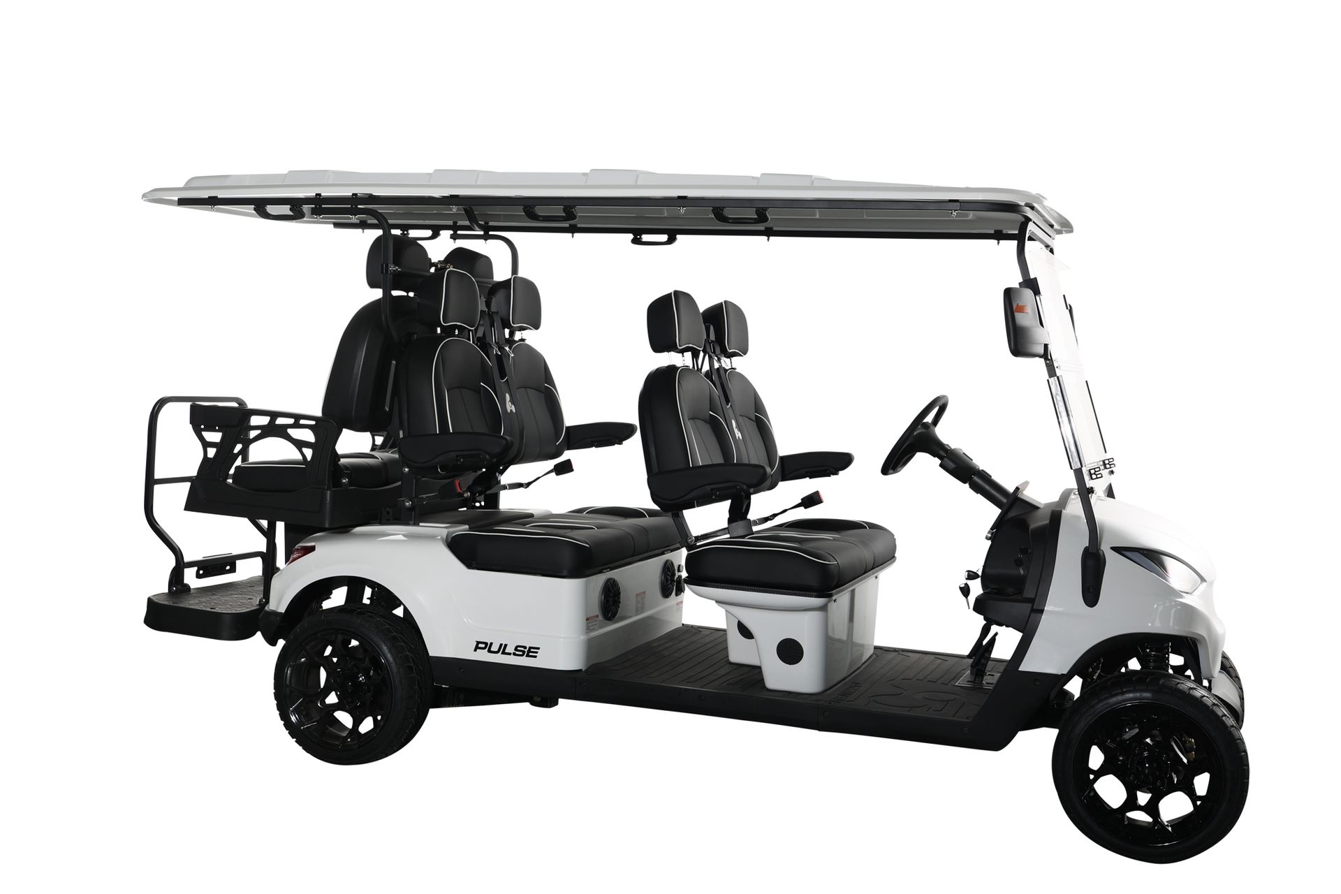 A white golf cart with black seats and a canopy on a white background.