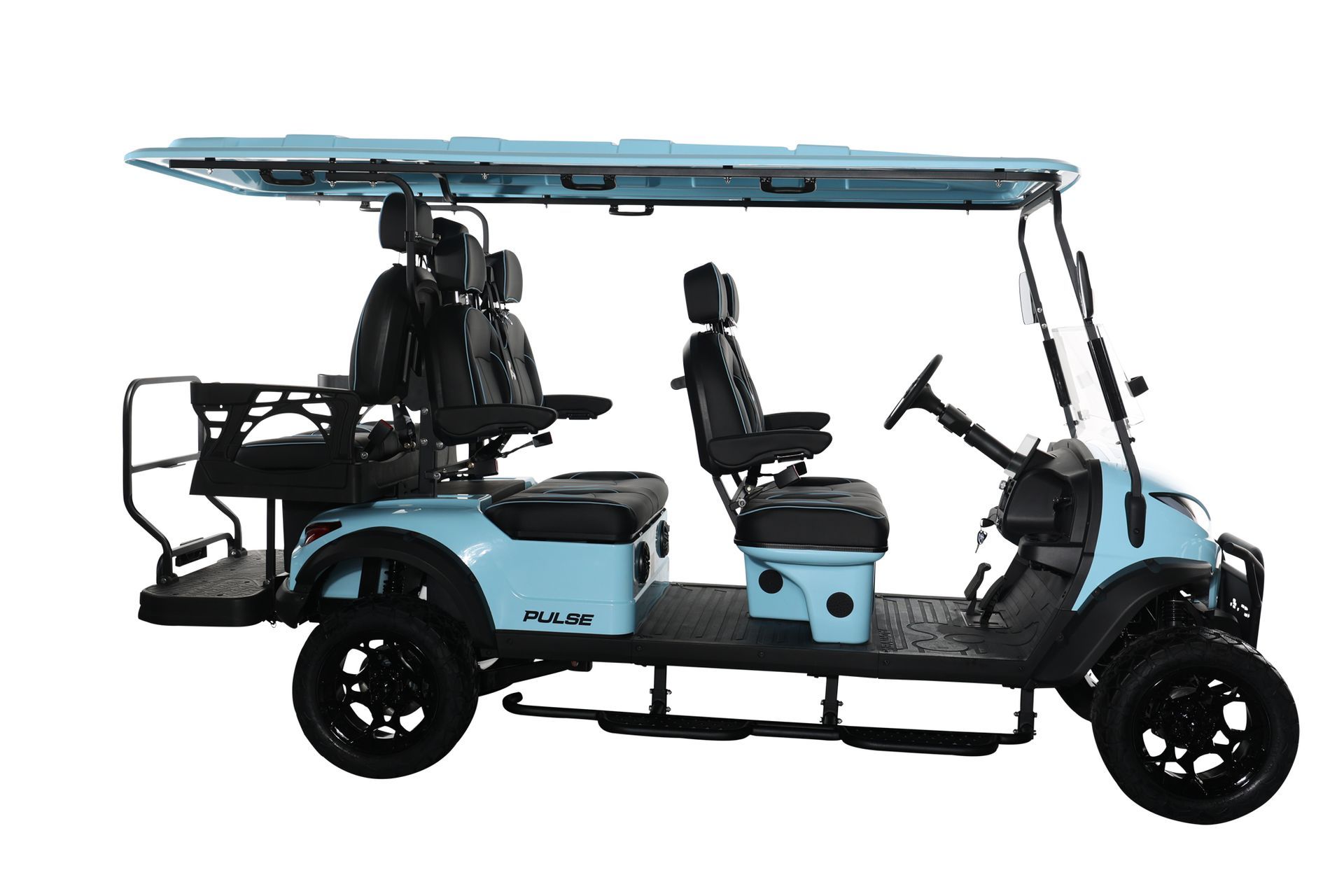 A blue golf cart with a canopy on top of it on a white background.