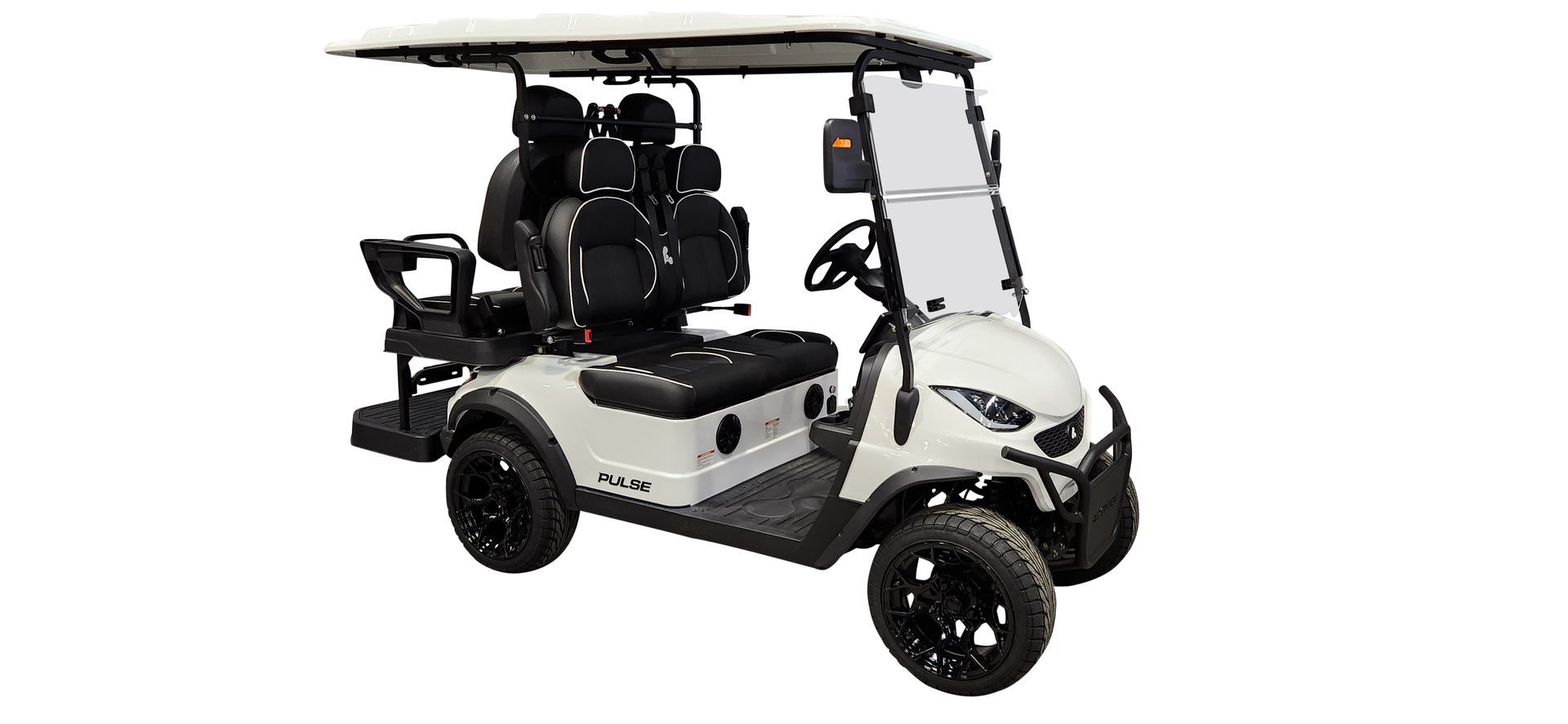 A white golf cart with black seats on a white background.