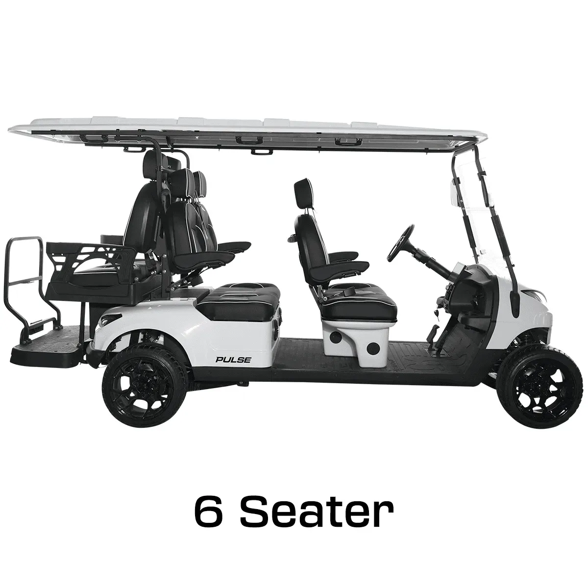 A black and white photo of a 6 seater golf cart.