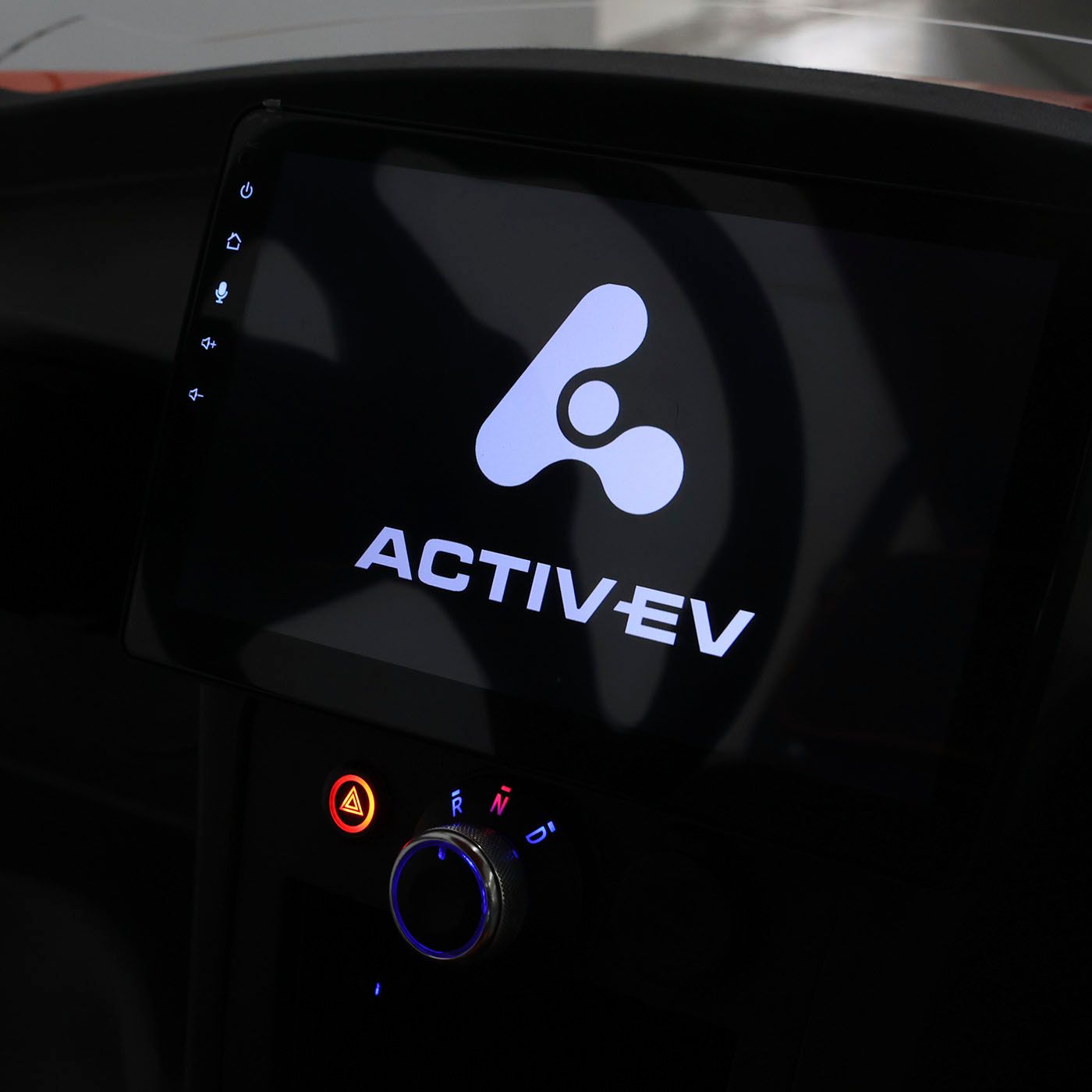 A car dashboard with the activev logo on it