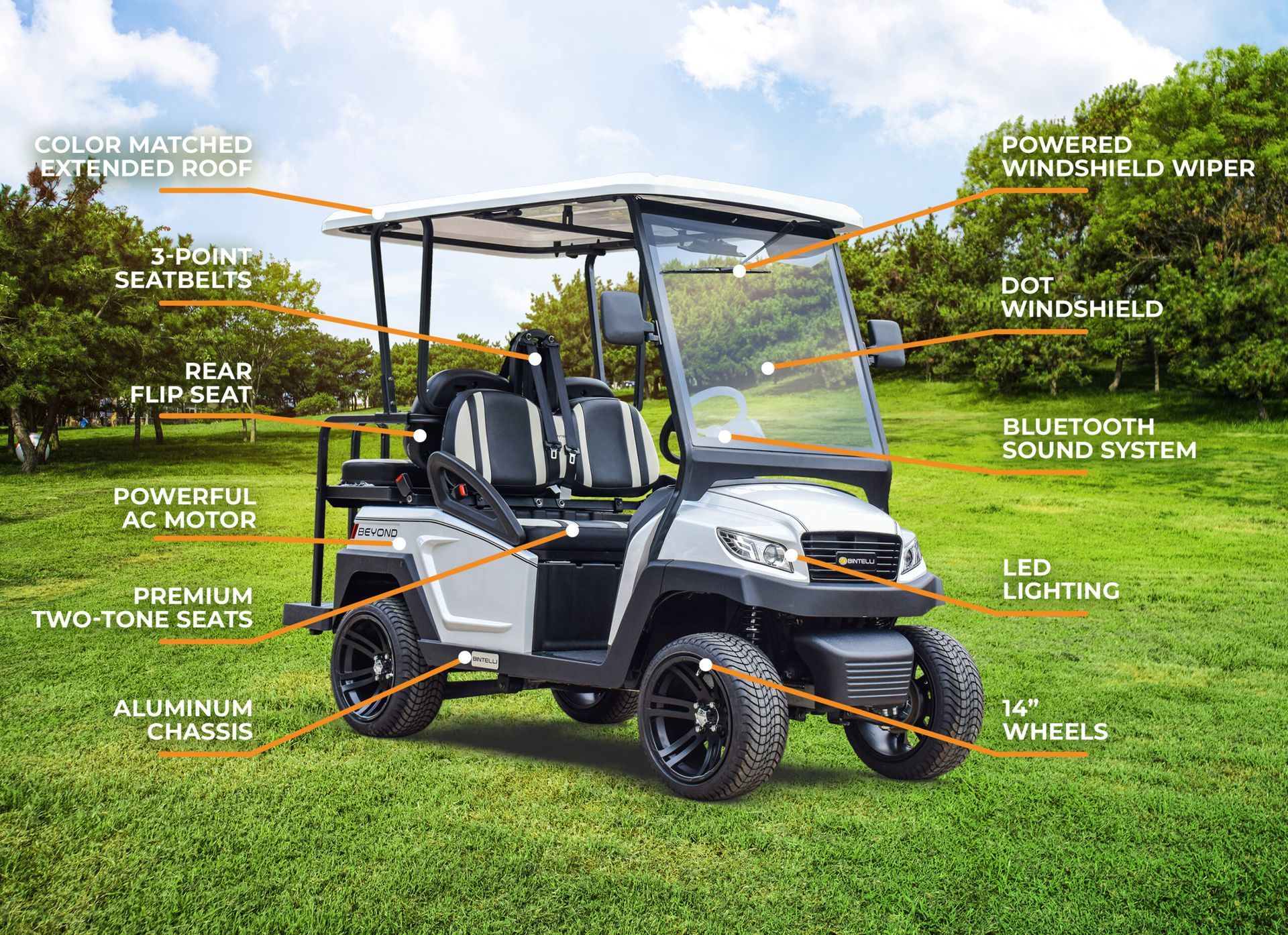 A golf cart is sitting on top of a lush green field.