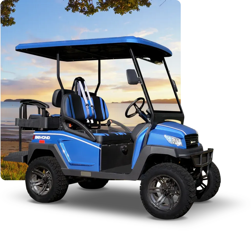 A blue golf cart is parked in front of a body of water.