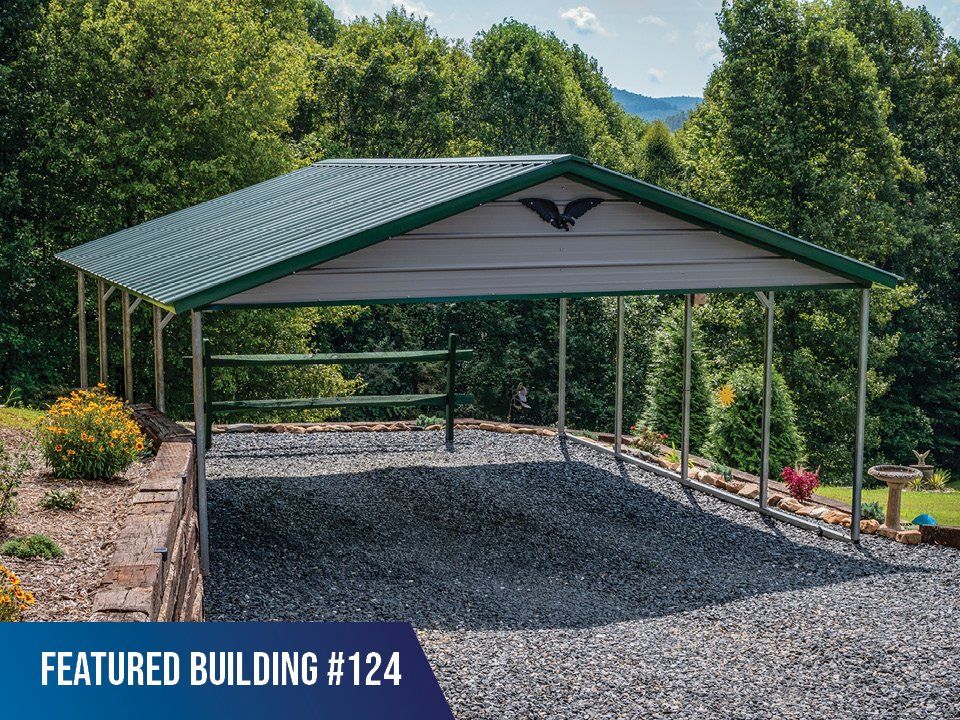 2 Car Carport Tan-Green Fully-Open Gabled-Ends