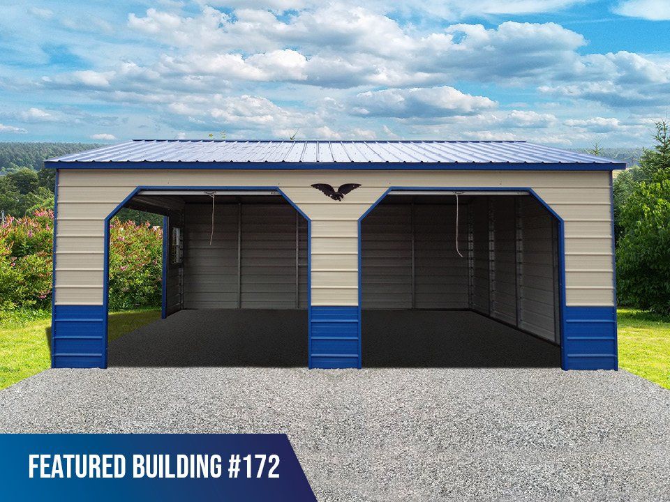 2 Car Garage Tan-Blue Dutch-Open. Side-Roll-Up