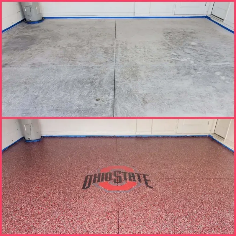 Before-and-after garage floor: plain gray concrete replaced with red speckled epoxy and logo.