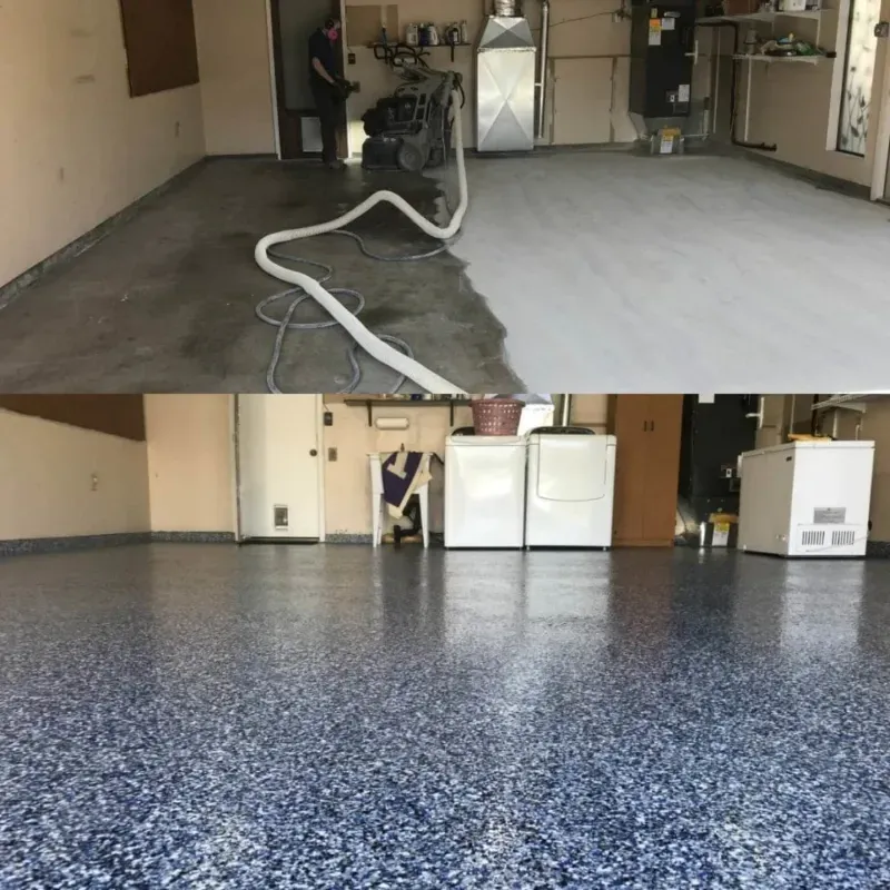 Garage floor before-and-after: unfinished concrete beside a glossy blue speckled epoxy floor