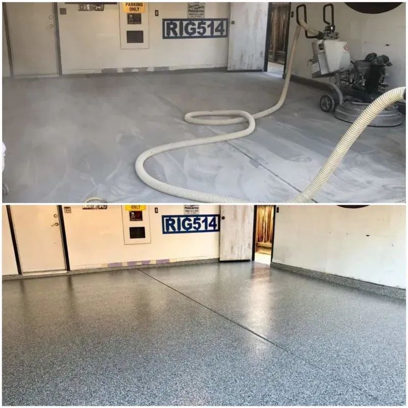 Before-and-after garage floor: bare concrete with hose, then gray speckled epoxy-coated floor