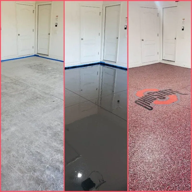 Three side-by-side floor finishes in a room: gray, glossy black, and pink speckled flooring.